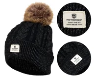 Czapki damskie - Czapka damska z pomponem zimowa PETERSON czarna warkoczowy splot na zimę i jesień - miniaturka - grafika 1