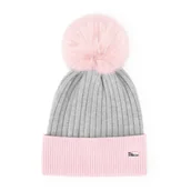 Czapki damskie - Damska czapka z futerkowym pomponem szaro - różowa - miniaturka - grafika 1