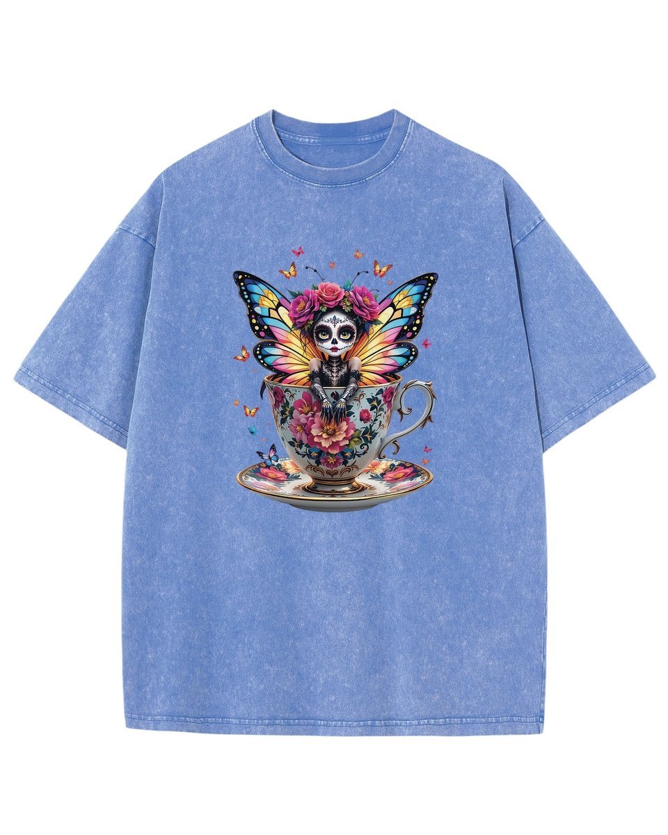 Koszulka oversize efekt sprania Słodka Wróżka Kwiaty jasnoniebieski L