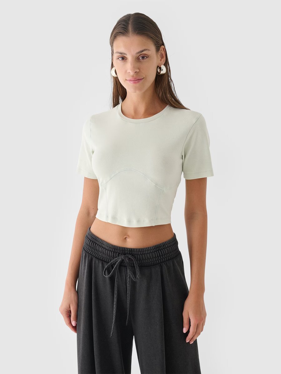 Crop top slim gładki damski 4F 4FRAW24TTSHF2581-47S Zielony