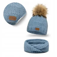 Czapki damskie - Komplet Zimowy Dziecięcy dla Dziewczynki Baby Blue Wełniana Czapka Komin - miniaturka - grafika 1