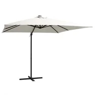 Parasole ogrodowe - vidaXL Parasol wiszący z LED i stalowym słupkiem, 250x250 cm, piaskowy vidaXL - miniaturka - grafika 1