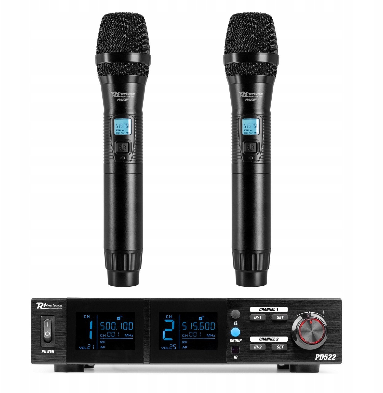 Zestaw mikrofonów bezprzewodowych UHF 2x doreczny + stacja Power Dynamics one size