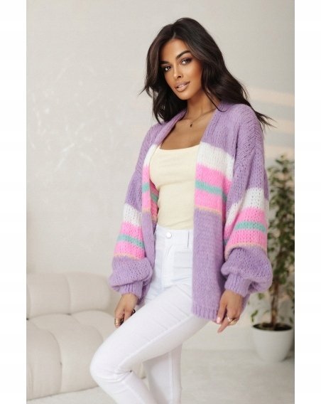 Kardigan Damski Oversize Wełna Akryl Liliowy Modny Sweter Narzutka Pasy