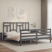 Łóżka - Rama łóżka z wezgłowiem, szara, 160x200 cm, lite drewno Lumarko! - miniaturka - grafika 1