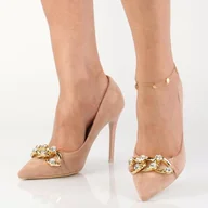 Czółenka - Różowe zamszowe szpilki damskie ze złotym łańcuchem z kryształami Vinceza 20172 - miniaturka - grafika 1