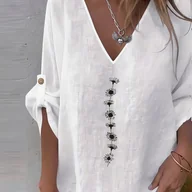 Koszule damskie - TEMU Elegancka Koszula Damska - Jednokolorowy Dekolt w Serek, Casualowa Modna Bluzka z Nadrukiem "Czarne Małe Kwiaty", Detal Guzyków Luźny Krój na - miniaturka - grafika 1