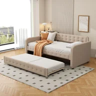 Łóżka dla dzieci i młodzieży - Łóżko dzienne Merax 90x200cm z wysuwanym łóżkiem, rozkładana sofa z listwowym stelażem i podłokietnikami, łóżko tapicerowane lnem, rozkładana sofa dla dzieci, ciemny beż - miniaturka - grafika 1