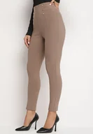 Legginsy - Ciemnobeżowe Bawełniane Legginsy z Wysokim Stanem i Ozdobnymi Guzikami Rielina - miniaturka - grafika 1