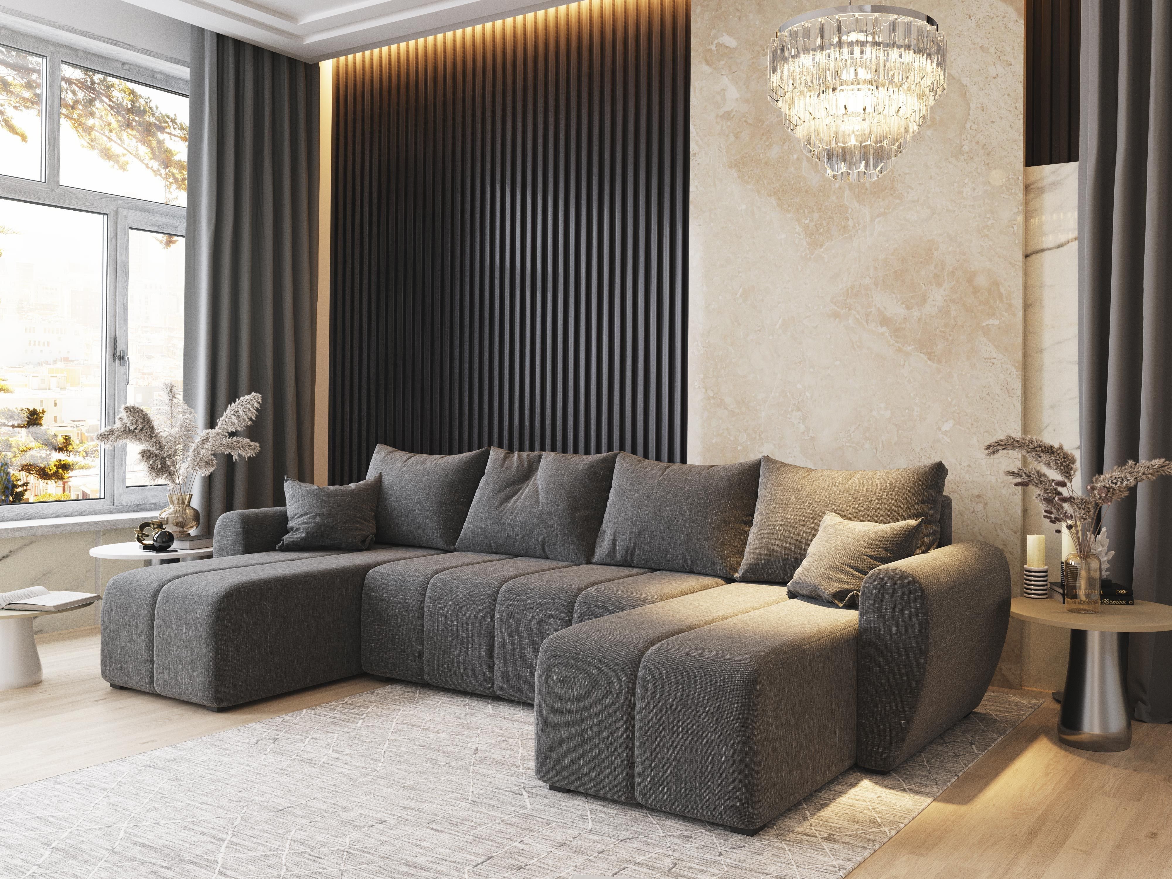 Masseno Narożnik MADISON U z funkcją spania i pojemnikiem na pościel Kształt U, Rozkładana sofa, Rogówka - Jasnoszary, SAWANA 21