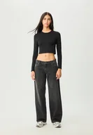 Spodnie damskie - Stradivarius Dżinsy baggy ze średnim stanem CZARNY DENIM Z EFEKTEM SPRANIA 34 - miniaturka - grafika 1