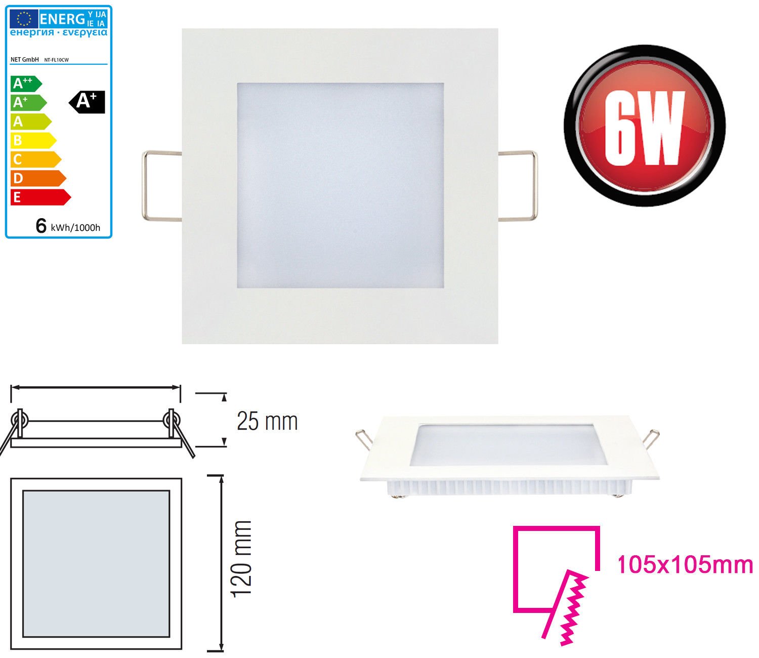 20x 6W LED panel 120 x 120mm wpuszczany reflektor wpuszczany światło neutralne białe 350 lumenów lampa sufitowa kątowa