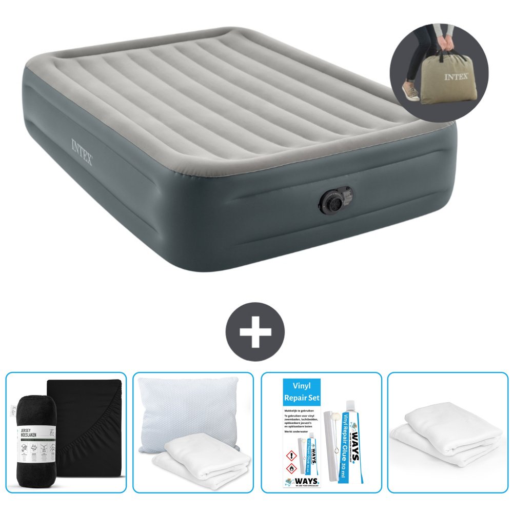 Łóżko powietrzne Intex - 2 osoby - 152 x 203 x 46 cm - Szare - Z pompką - Prześcieradło - Całowanie - Zestaw naprawczy en Ochraniacz na poduszkę