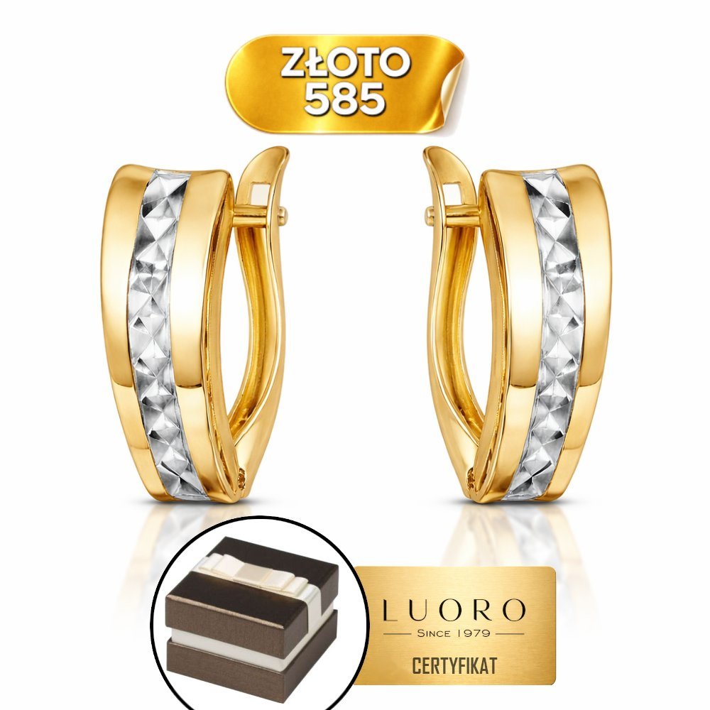 KOLCZYKI ZŁOTE 585 14K DIAMENTOWANE PROSTOKĄT ANGIELSKIE ZAPIĘCIE 14 MM