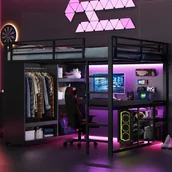 Łóżka dla dzieci i młodzieży - Łóżko piętrowe 160 x 200 cm z biurkiem, otwartą szafą i przegródkami - LED - Metalowe - Czarne (Materac nie jest wliczony w cenę) - miniaturka - grafika 1