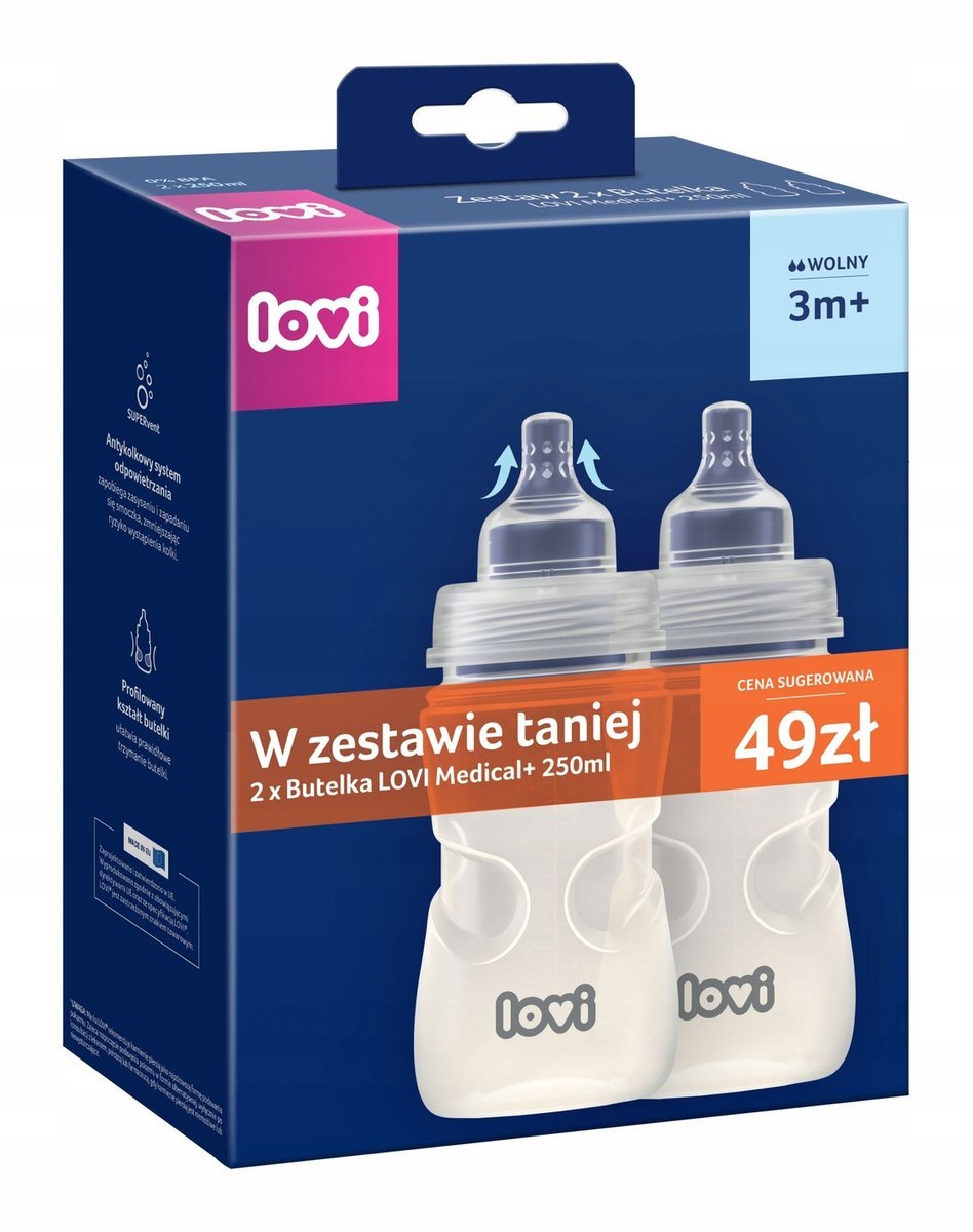 Zestaw 2 x Butelka antykolkowa LOVI Medical+ 250 ml ze smoczkiem dynamicznym 3m+