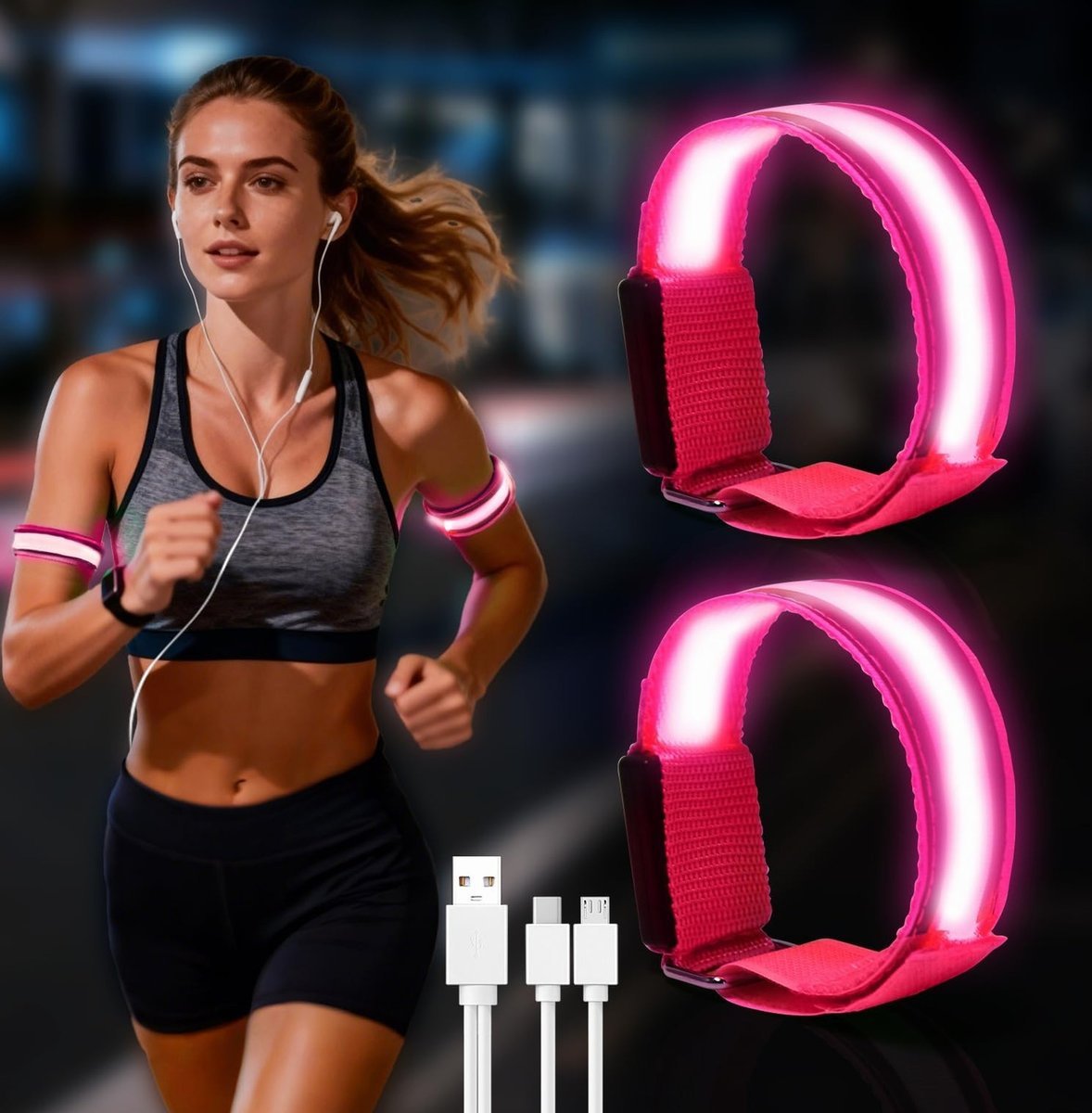 BRANSOLETKA ODBLASKOWA LED RÓŻOWA ŁADOWANA OPASKA NA RĘKĘ SPORTOWA 15CM