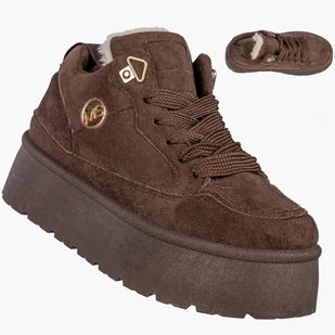 Sneakersy Damskie Ekozamsz Ocieplane Zimowe Na Platformie Brązowe MSMG HY876-1 Brązowy 37 - Półbuty damskie - miniaturka - grafika 1