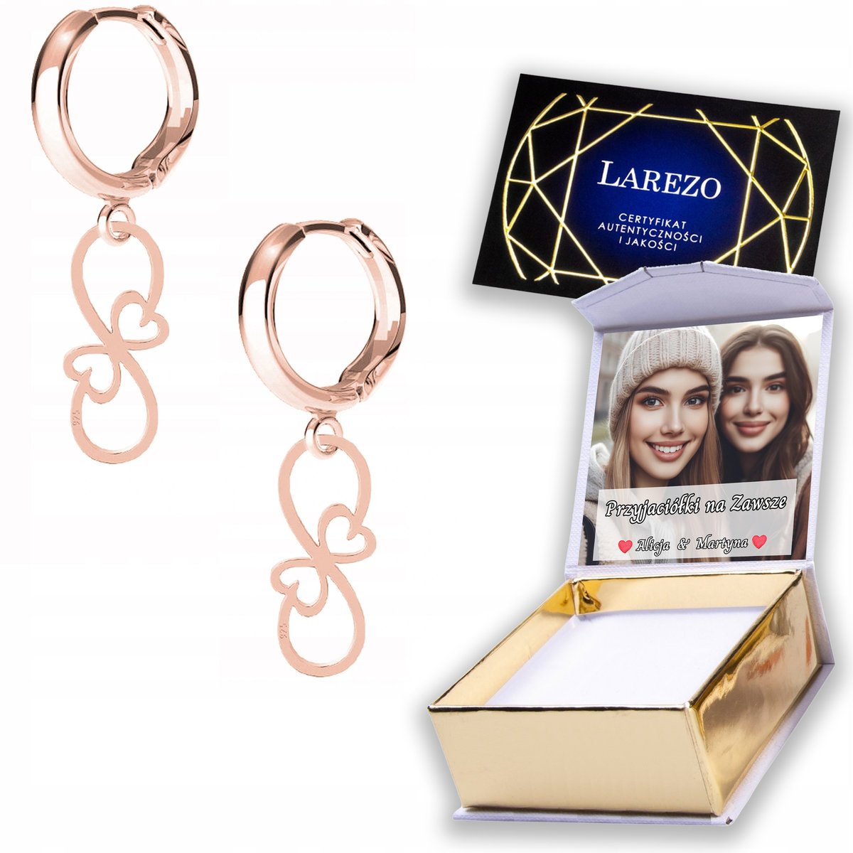 Kolczyki Pozłacane 925 Infinity Serca z Nieskończonością Serduszka NADRUK