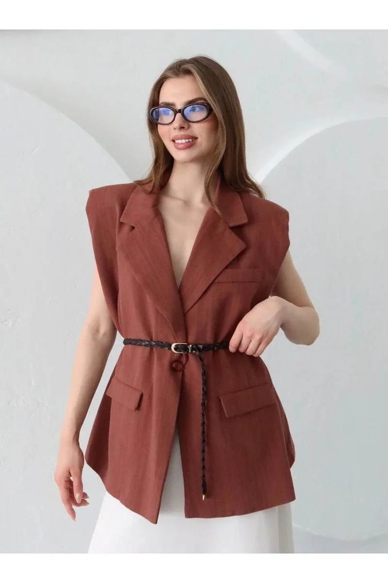 KAMIZELKA DAMSKA ELEGANCKA Z PASKIEM BRĄZOWA LEN L 5HA