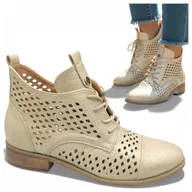 Botki damskie - Botki Damskie Wiosenne Eleganckie Ażurowe Sznurowane Złote Modne Potocki 40 - miniaturka - grafika 1