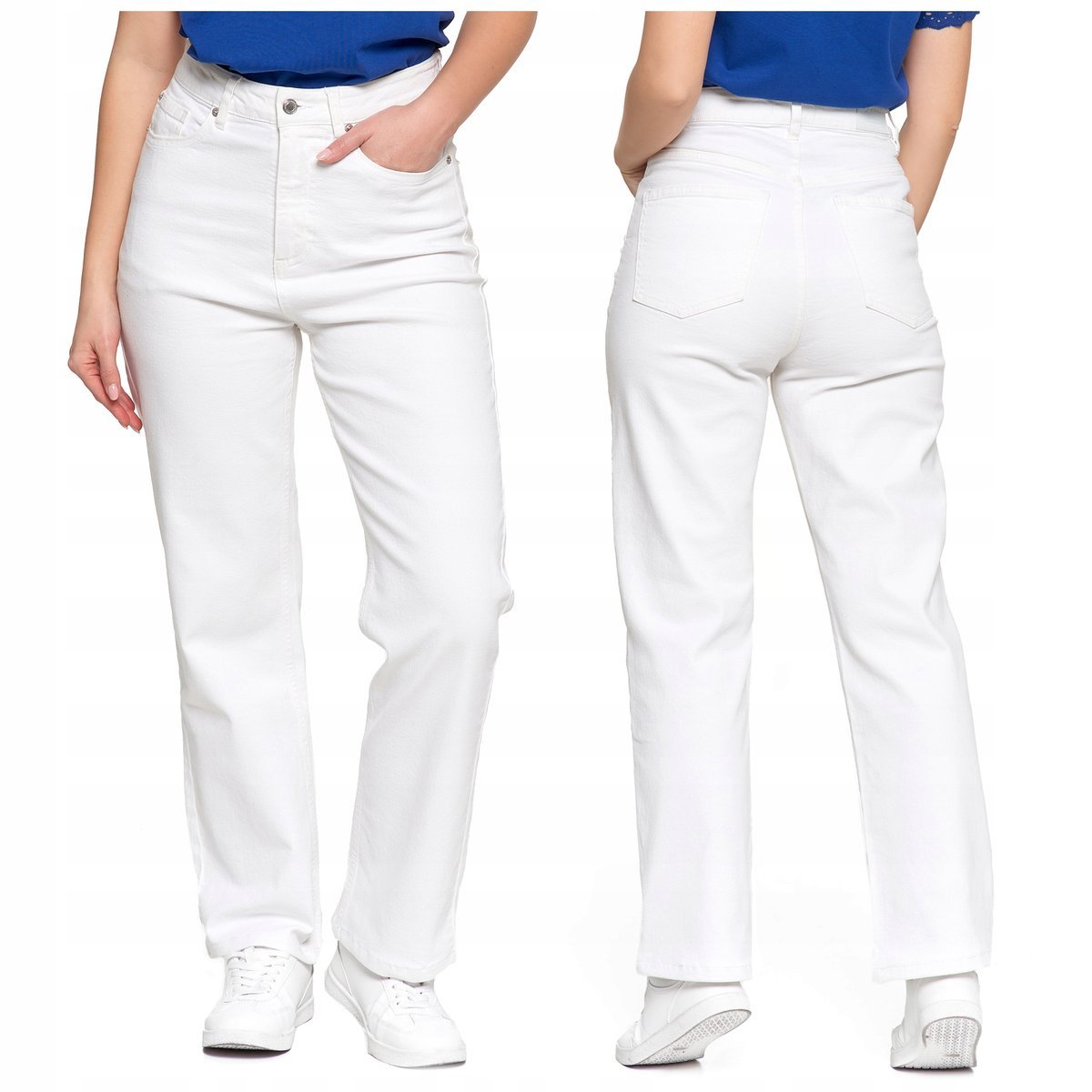 Białe SPODNIE JEANSOWE Damskie Wygodne MORAJ Wysoki Stan Bawełna r. XXL