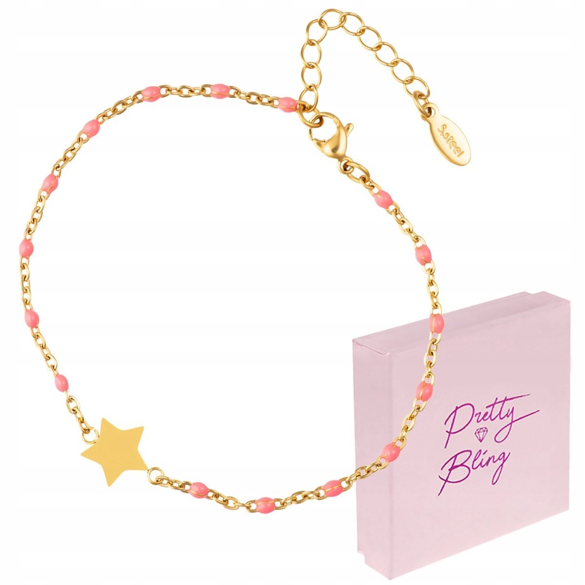 Bransoletka damska pozłacana KORALIKI różowe gwiazdka regulowana STAL