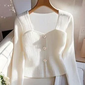 Bluzki damskie - TEMU Elegancka i Modna Damska Bluzka z Długim Rękawem, Kwadratowy Dekolt, Luźny Krój, Jednokolorowa, Wszechstronna na Jesień i Zimę - miniaturka - grafika 1