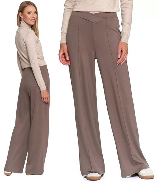 Spodnie Damskie z Szeroką Nogawką BRĄZOWY Wiskoza Eleganckie MORAJ - XL