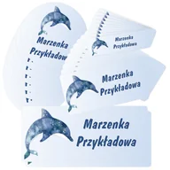 Szkolne artykuły papiernicze - Etykiety naklejki, zestaw naklejek, imienne, imię nazwisko, dla dziecka dziewczynki, do szkoły przedszkola, na zeszyt, przybory, wodoodporne, DELFIN.. - miniaturka - grafika 1