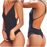 Stroje kąpielowe - STRÓJ KĄPIELOWY JEDNOCZĘŚCIOWY CZARNY KOSTIUM DAMSKI MODELUJĄCY FALBANKI S - miniaturka - grafika 1