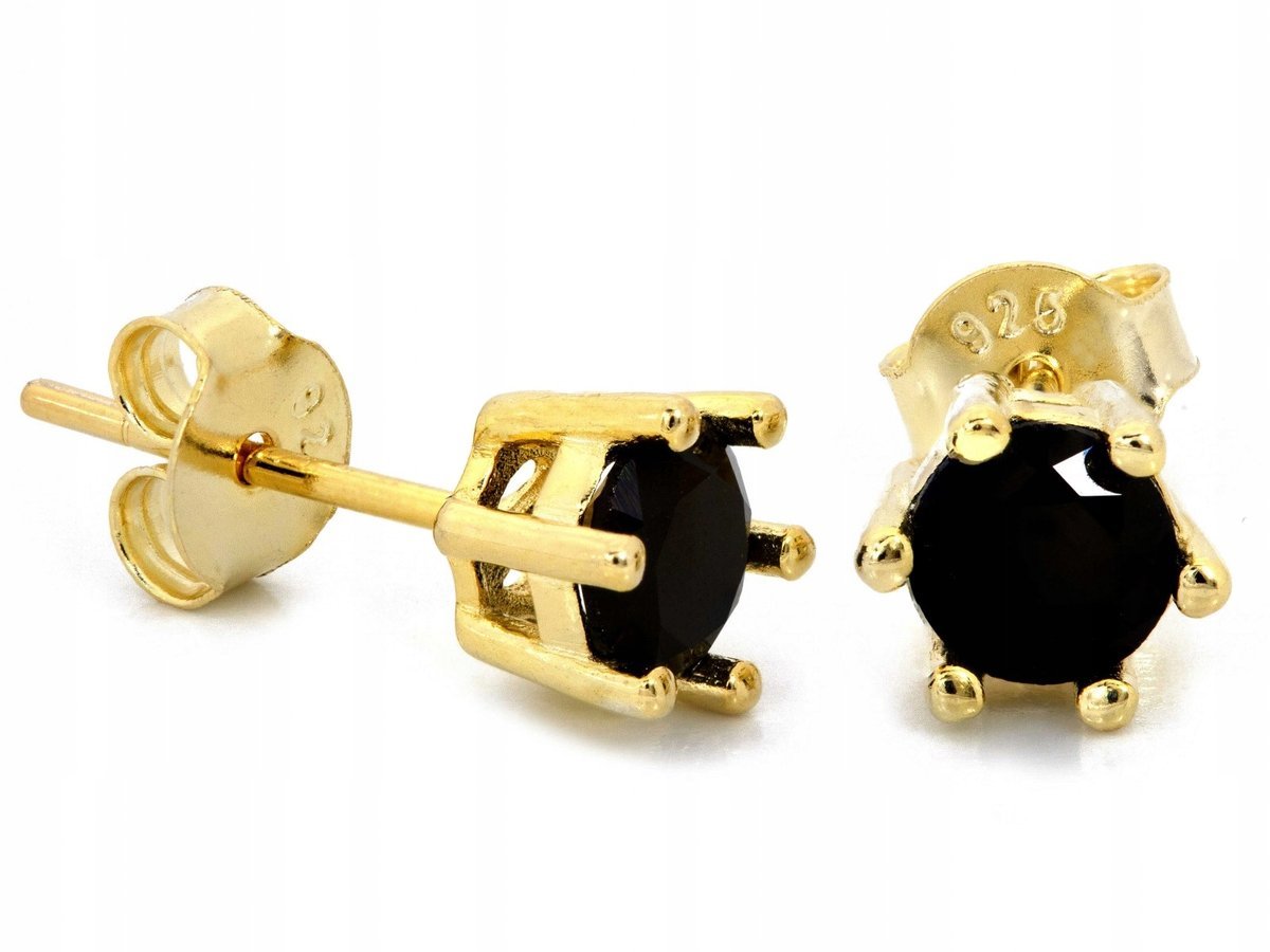 Kolczyki srebrne pozłacane 925 na sztyfcie z czarną cyrkonią wkrętki