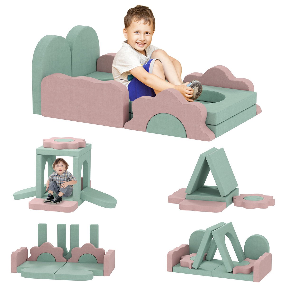 Sofa do zabawy AIYAPLAY, sofa dziecięca z piankowych klocków, 12 elementów miękkich klocków wspinaczkowych z basenem z piłeczkami, duże klocki, ziel..