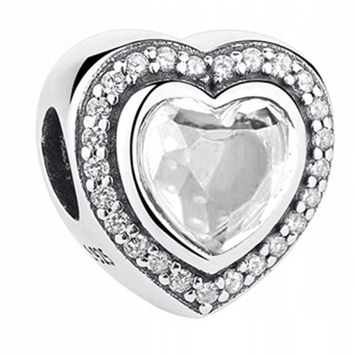 Charms Srebrny Biały Kamień z Cyrkoniami Kryształ Serce Heart SREBRO 925