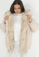Kurtki damskie - Beżowa Kurtka Parka Oversize z Futerkiem Mitto - miniaturka - grafika 1