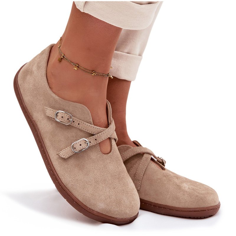 Skórzane Zamszowe Półbuty Barefoot Damskie Z Paskami Zazoo N1271 Beżowe 40-37