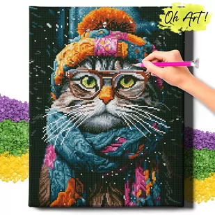 DIAMOND PAINTING 5D z RAMĄ Kot Haft Diamentowy Duży Kot w czapce Mozaika 40x50 cm - Zabawki kreatywne - miniaturka - grafika 1