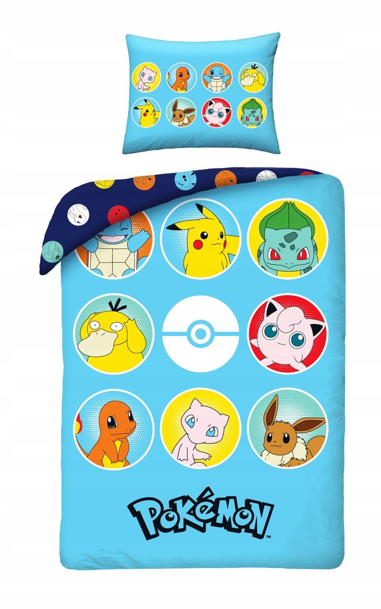 Pościel Pokemon 140x200 Dziecięca Pikachu Niebieska Pokemony