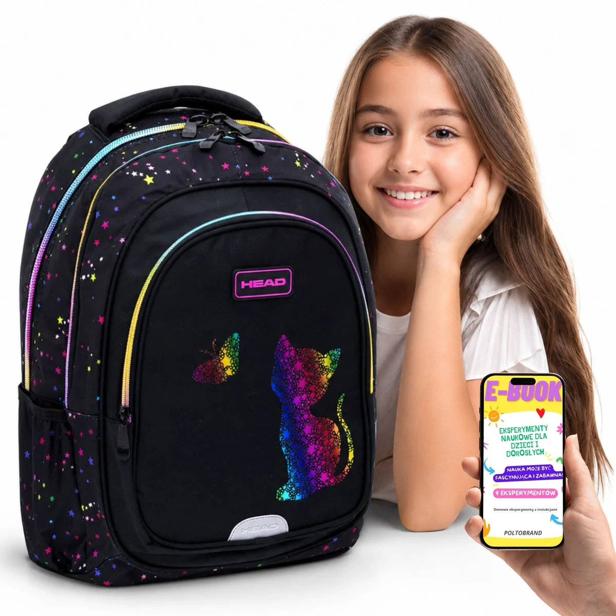 Plecak Szkolny HEAD Rainbow Kitty 20L 3 Komory A4 dla Dziewczynki Klasa 1-3 + E-BOOK
