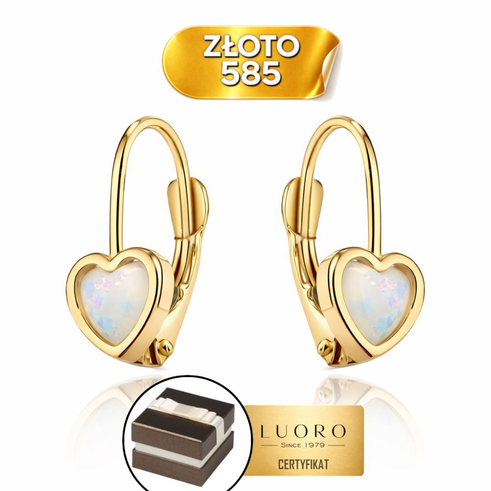 KOLCZYKI ZŁOTE 585 14K SERCA Z OPALITEM NA ANGLIJSKIM ZAPIĘCIU 14 MM