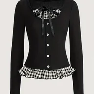 Bluzki damskie - TEMU Kobieca Elegancka Koszulka w Kratę z Długim Rękawem - Elastyczna Bluzka z Okrągłym Dekoltem i Falbankami na Mankietach, Czarno-Biała Siatka, - miniaturka - grafika 1