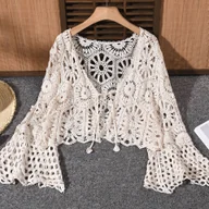 Swetry damskie - TEMU Wiosna I Styl Boho Z Wyciętymi Rękawami I Dekoltem W Kształcie Litery V, Dzianinowy Kardigan Z Wiązkami. - miniaturka - grafika 1