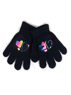 Rękawiczki dla dzieci - Rękawiczki Dziewczęce Pięciopalczaste Czarne Z Hologramem Sercami 18 Cm - grafika 1