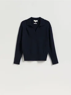 Reserved - Sweter polo z wełny merino - granatowy - Swetry damskie - miniaturka - grafika 1