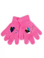 Rękawiczki dla dzieci - Rękawiczki Dziewczęce Pięciopalczaste Ciemnoróżowe Z Hologramem Sercami 16 Cm Yoclub - miniaturka - grafika 1