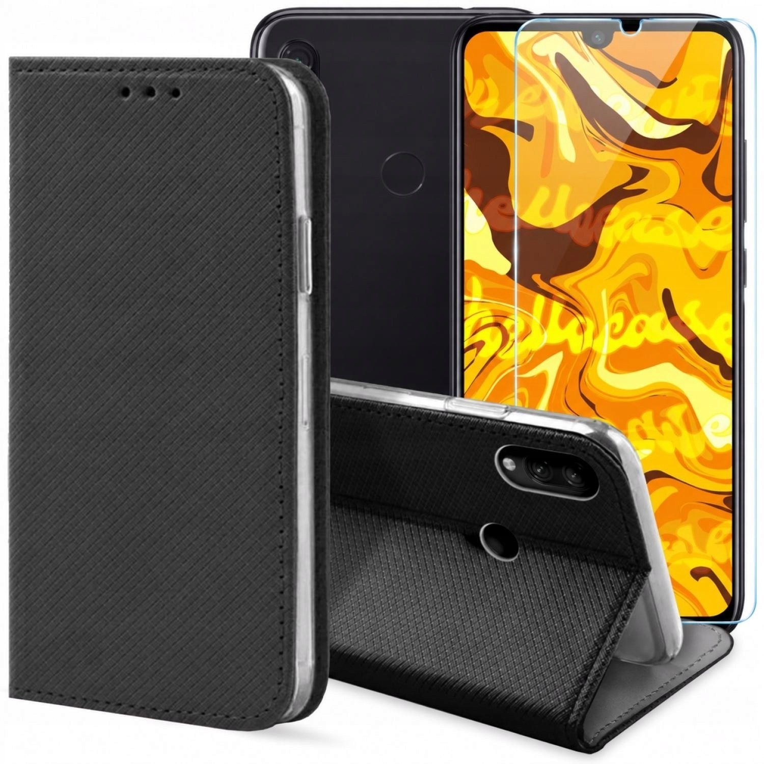 Hello Case Etui z Klapką Do Xiaomi Redmi Note 7 Czarne, Zamykane, Kabura Szkło BNDL0531