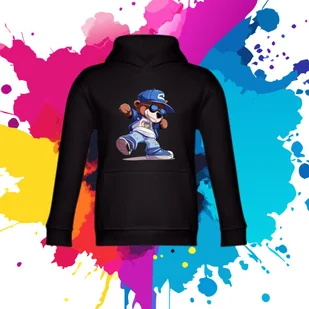 Bluza dziecięca typu kangurka z kapturem w kolorze czarnym z nadrukiem miś Skejtuś 6 lat - Bluzy dla dziewczynek - miniaturka - grafika 1