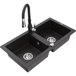 Mexen Mario zlewozmywak granitowy 2-komorowy z baterią kuchenną Savita, czarny/złoty metalik - Zlewozmywaki z baterią - miniaturka - grafika 1