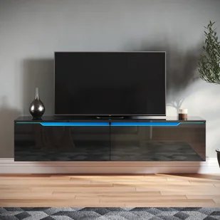 SONNI Szafka pod telewizor wisząca czarny wysoki połysk z LED 140 x 35 x 30 cm - Szafki RTV - miniaturka - grafika 1