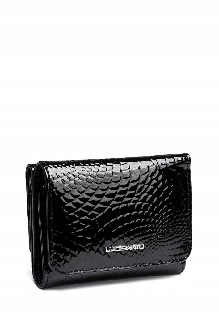 Czarny Portfel Damski Skóra Naturalna LUIGISANTO RFID Lakierowany Zgrabny